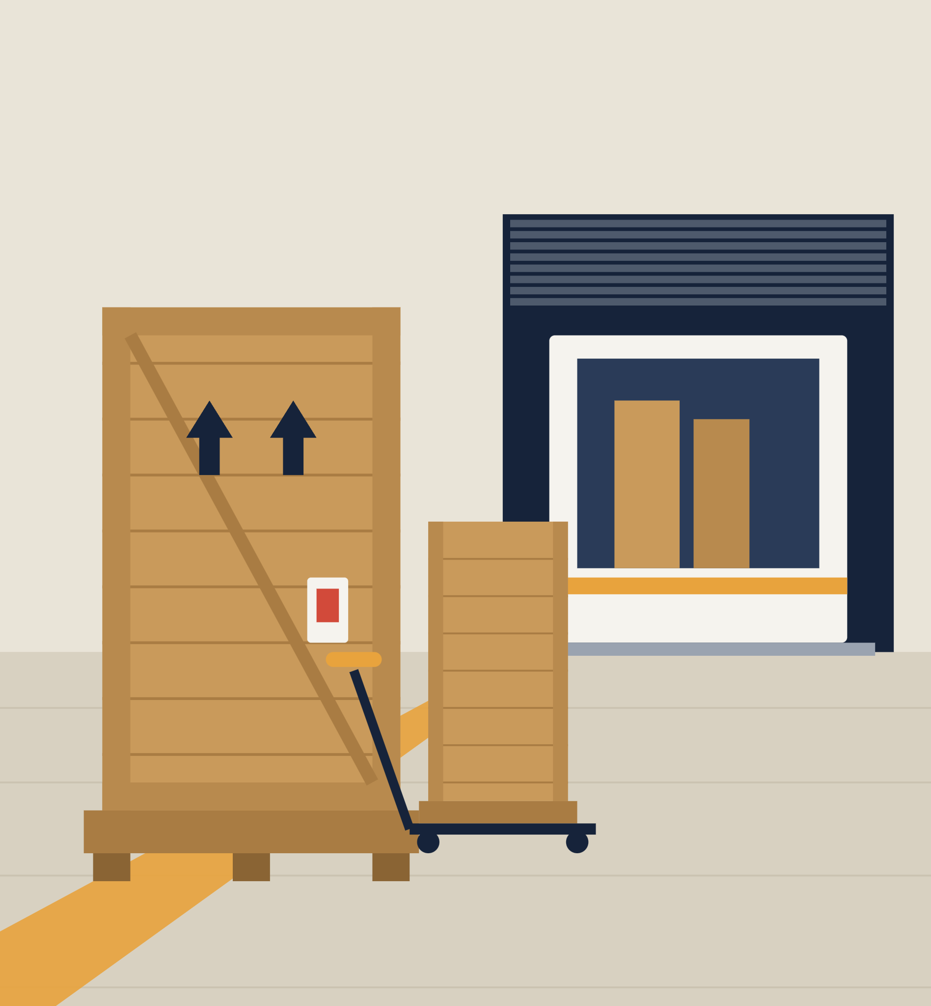 Illustration of a crated rack on a trolley at a loading dock