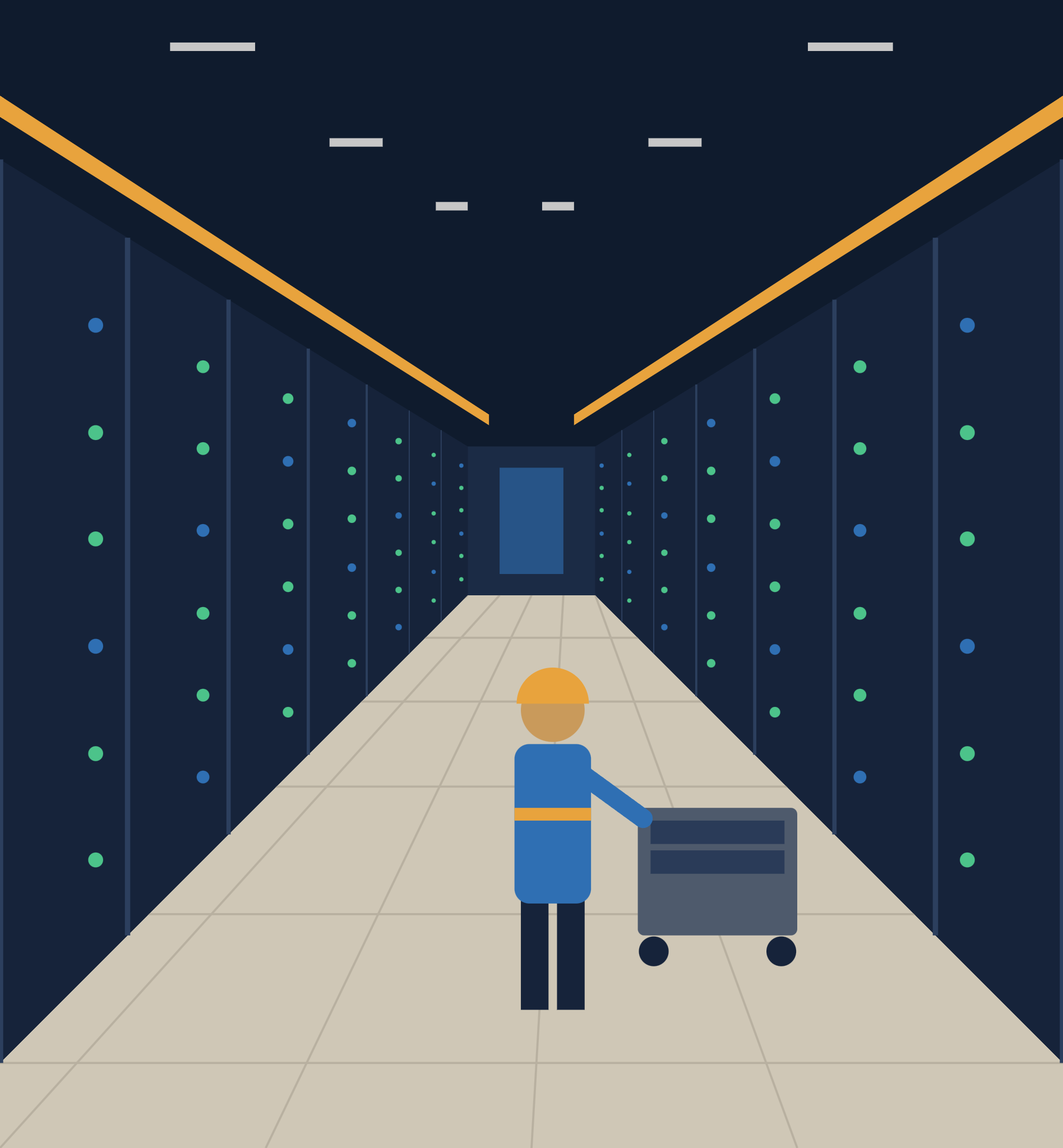 Illustration of an engineer wheeling a cart down a data centre aisle