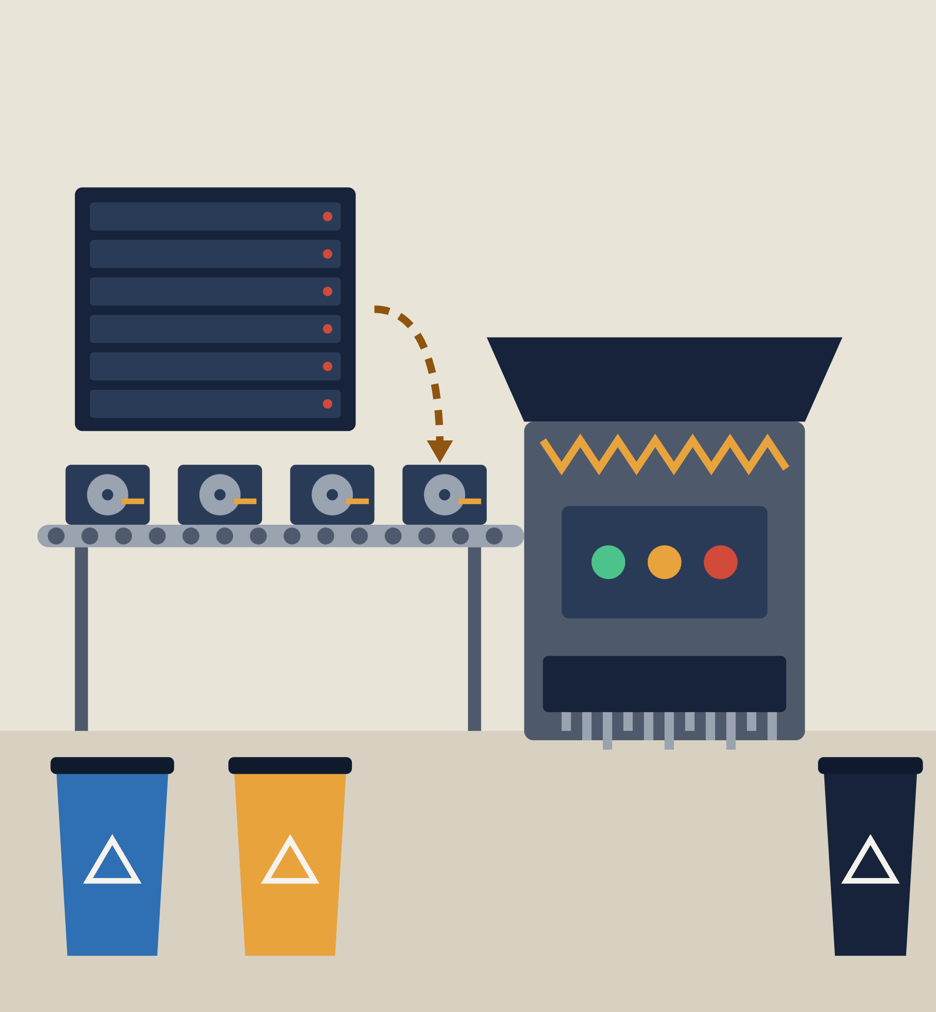 Illustration of drives moving from a server to a shredder and recycling bins